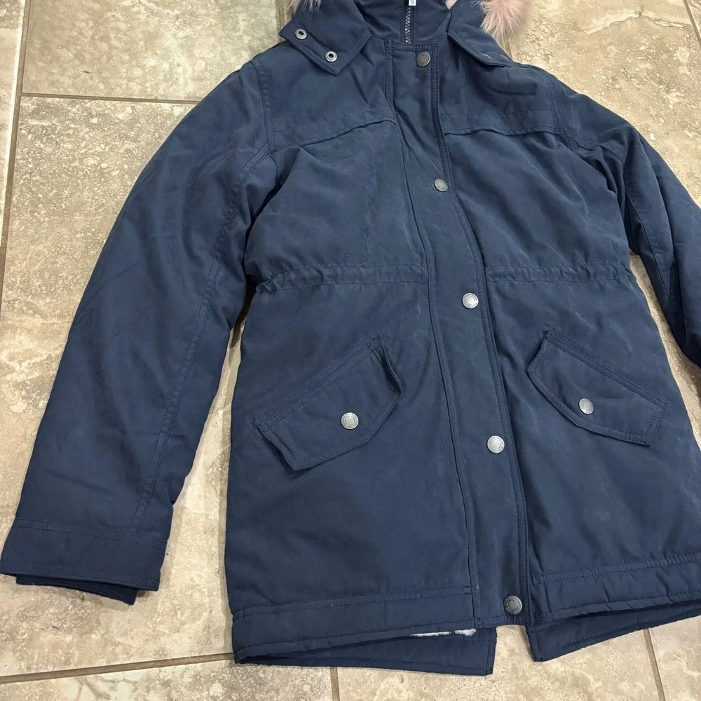 Abercrombie Kids‎ Girls Navy Blue Faux Fur Lined Parka Jacket Hooded 13/14